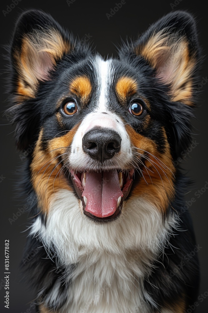 A close-up image of a happy tricolor dog with a wide smile, alert eyes, and perky ears, showcasing its playful and friendly personality against a neutral background