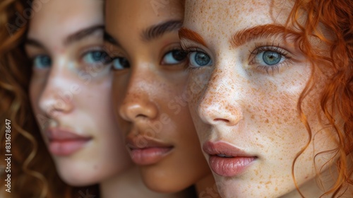 Close-up portraits of three diverse young women with various skin tones and hair textures highlighting natural beauty and unique features in perfect harmony