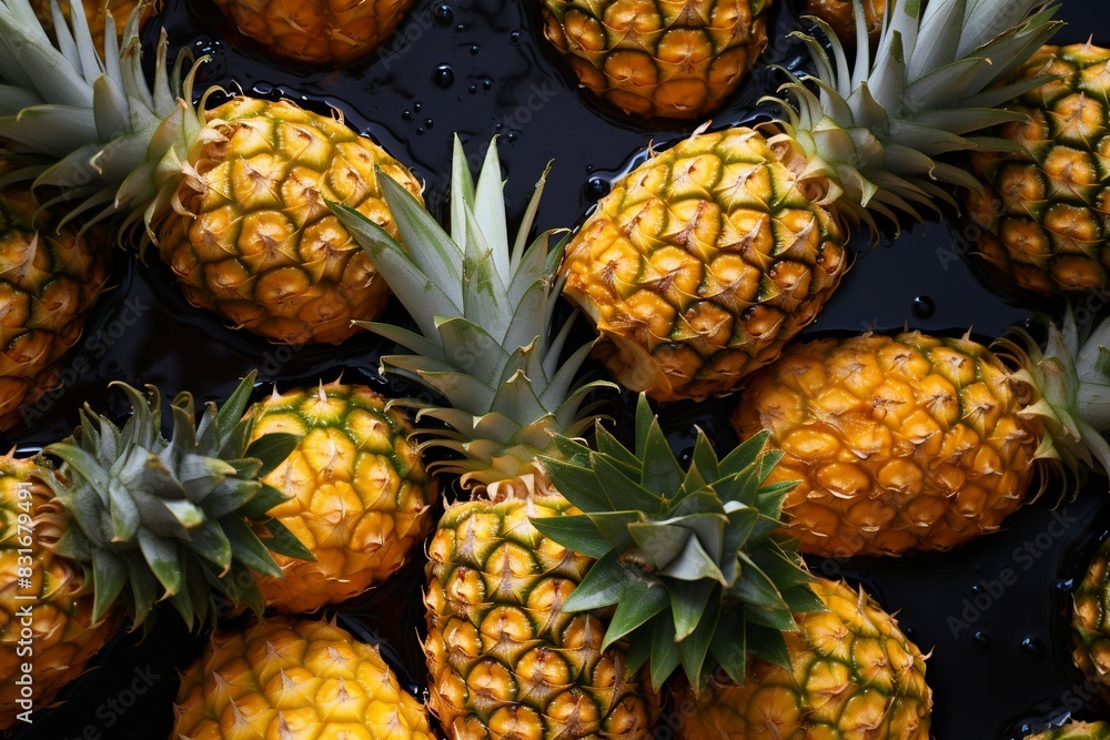 Sliced and half of Pineapple(Ananas comosus) on wooden table with blurred garden background.Sweet, and juicy taste Have a lot of fiber,vitamins C and minerals or healthcare concept , generative ai Sliced and half of Pineapple(Ananas comosus) on wooden table with blurred garden background.Sweet, and juicy taste Have a lot of fiber,vitamins C and minerals or healthcare concept , generative ai