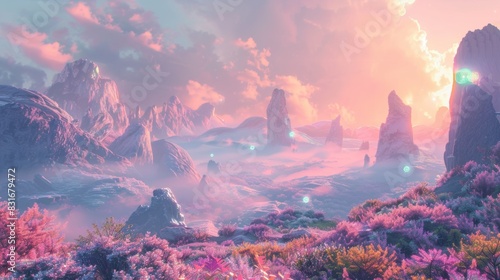 Mystical landscape with ethereal, glowing orbs, vibrant fuchsia flora, and towering rock formations under a dreamy sunset sky. photo