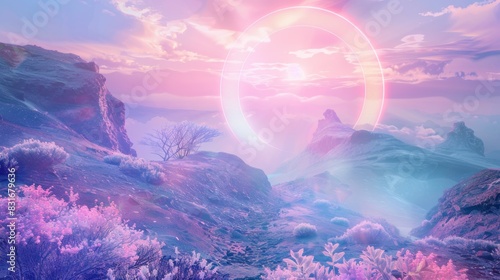 Surreal, vibrant landscape with ethereal light and mystical mountains bathed in pink and purple hues under a glowing sun.