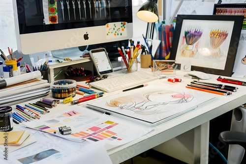 Wallpaper Mural Creative Workspace with Tools and Drawings on Designer s Desk Torontodigital.ca