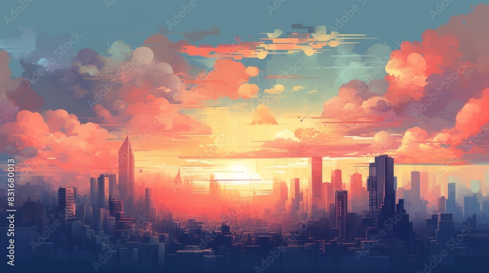 A vibrant sunset paints the sky above a sprawling cityscape, casting a warm glow on the towering buildings.