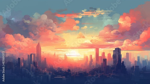 A vibrant sunset paints the sky above a sprawling cityscape, casting a warm glow on the towering buildings.