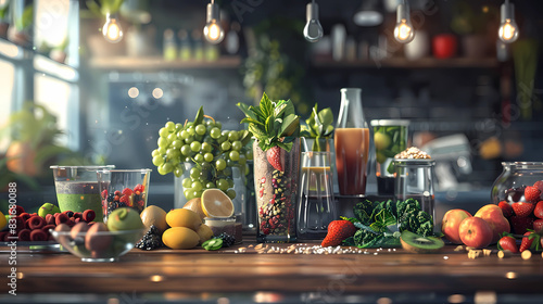 smoothie bar setup with various fruits