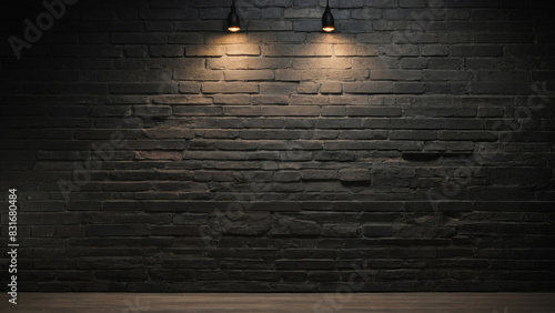 Subdued ambiance dark brick wall with hanging lights over polished wooden floor photo