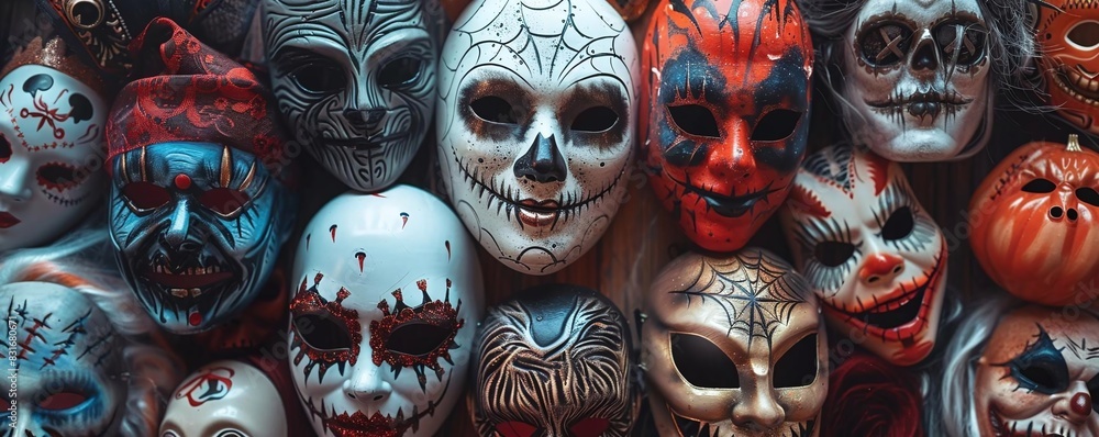 Design a flat lay of spooky Halloween masks and face coverings Design a flat lay of spooky Halloween masks and face coverings