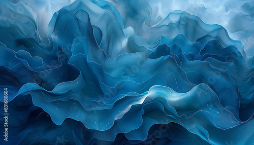 Fluid, organic shapes in blue and teal with smooth gradients and a tranquil feel