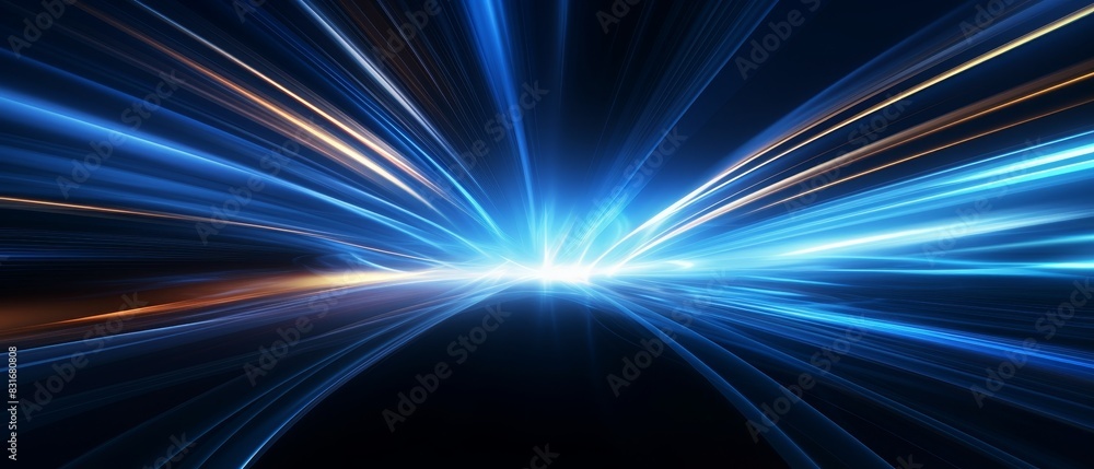Abstract blue and white light streaks converge in the center of a dark background.