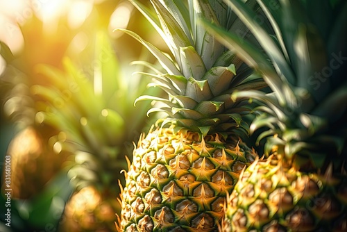 Sliced and half of Pineapple(Ananas comosus) on wooden table with blurred garden background.Sweet, and juicy taste Have a lot of fiber,vitamins C and minerals or healthcare concept , generative ai