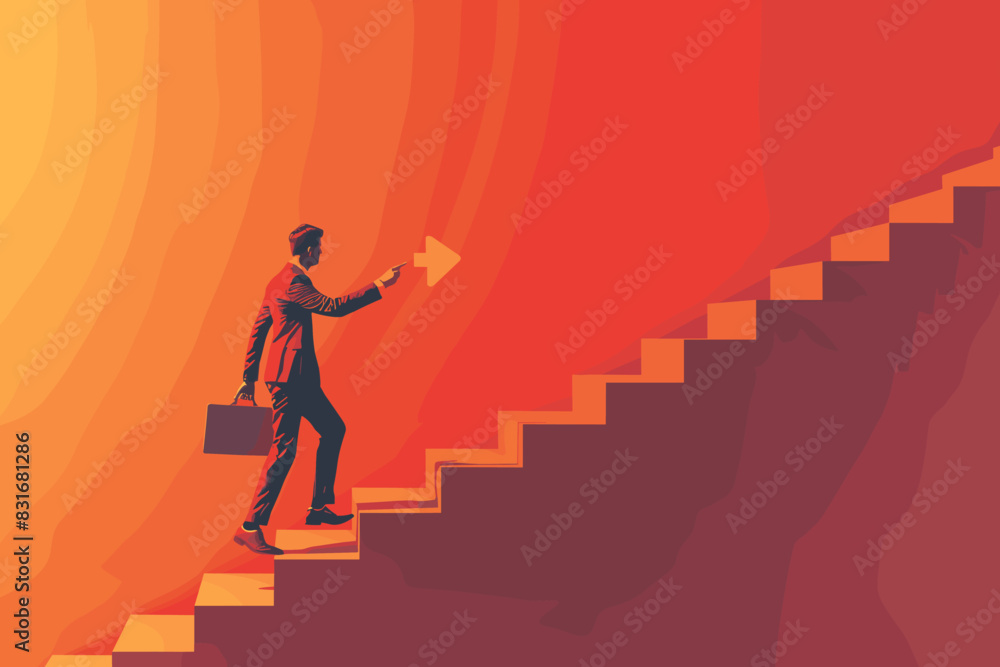 Smart businessman walking up a computer mouse pointer as a staircase, symbolizing digital marketing, SEO, and the use of online technology to achieve business success.

