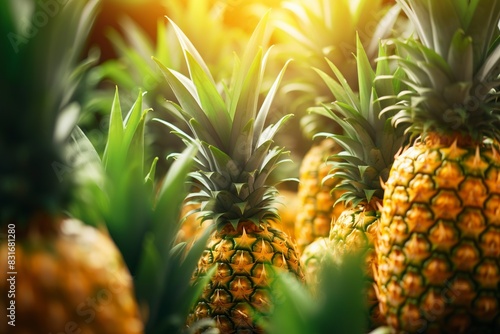 Sliced and half of Pineapple(Ananas comosus) on wooden table with blurred garden background.Sweet, and juicy taste Have a lot of fiber,vitamins C and minerals  or healthcare concept , generative ai photo