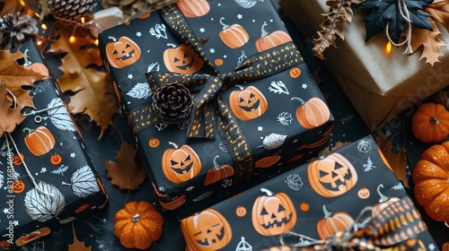 Generate a flat lay visual of Halloweenthemed stationery and stickers © ngstock