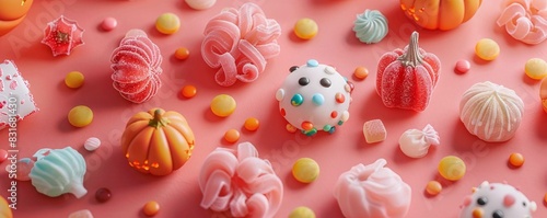 Generate a flat lay visual of assorted Halloween candies and treats