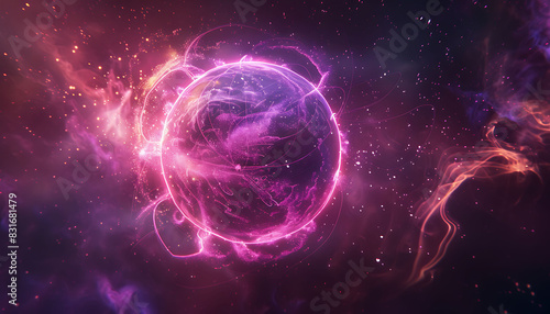 Neon energy sphere with purple and pink flames and sparks  emitting a magical  ethereal glow