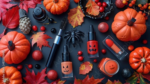 Illustrate a flat lay of Halloween nail polish and manicure tools photo