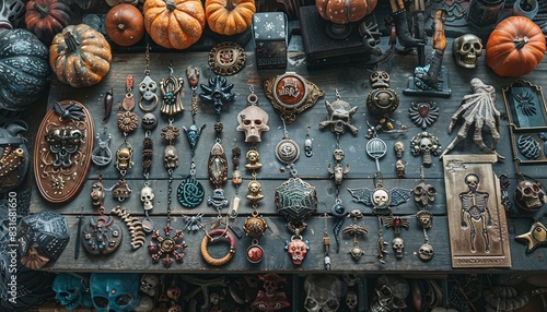 Illustrate a flat lay of assorted spooky Halloween charms and trinkets photo