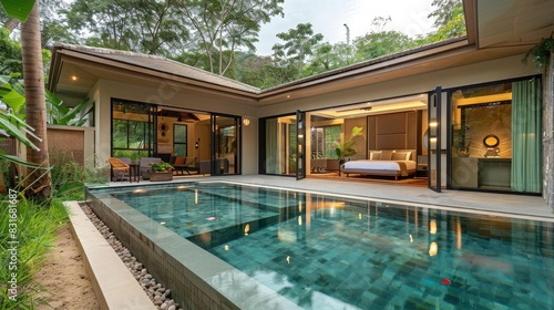 home or house building Exterior and interior design showing tropical pool villa with green garden and bedroom © Khalif