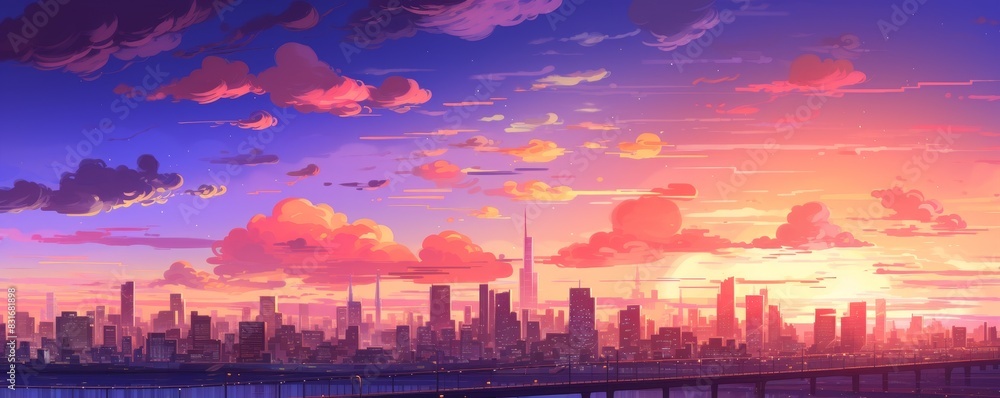 Beautiful sunrise skyline of a city with colorful clouds and a serene atmosphere, captivating the transition from night to day.