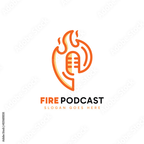 Fire Podcast logo design. Abstract initial letter P in the fire shape combined with podcast microphone. Vector illustration.