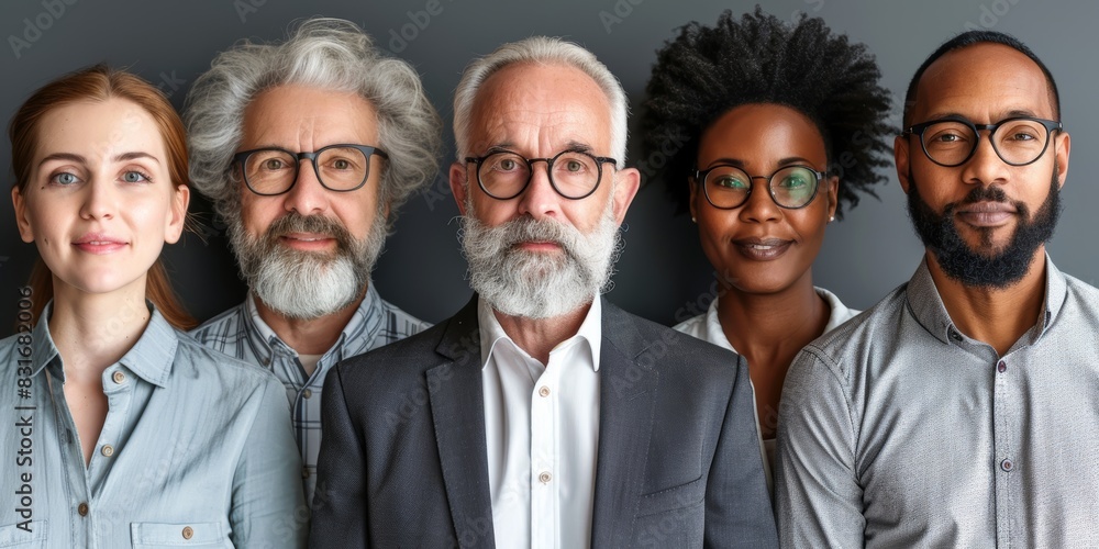 A diverse group of five adults, including men and women of varying ages and ethnicities, all standing together and smiling for a group portrait A diverse group of five adults, including men and women of varying ages and ethnicities, all standing together and smiling for a group portrait