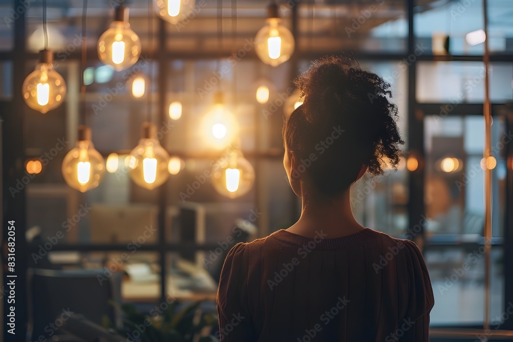 Visionary Woman in Illuminating Office Contemplating Innovative Ideas Visionary Woman in Illuminating Office Contemplating Innovative Ideas
