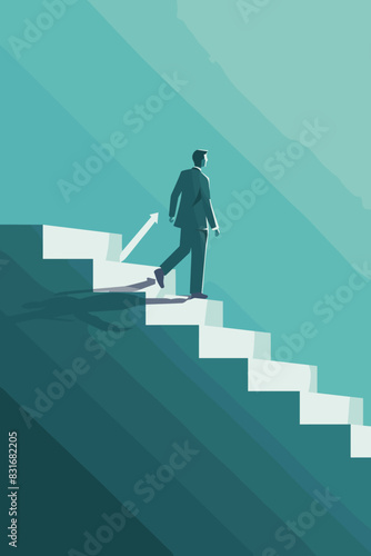 Smart businessman walking up a computer mouse pointer as a staircase, symbolizing digital marketing, SEO, and the use of online technology to achieve business success.