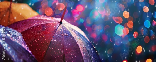 Closeup of a colorful umbrella with raindrops in a blurry background.