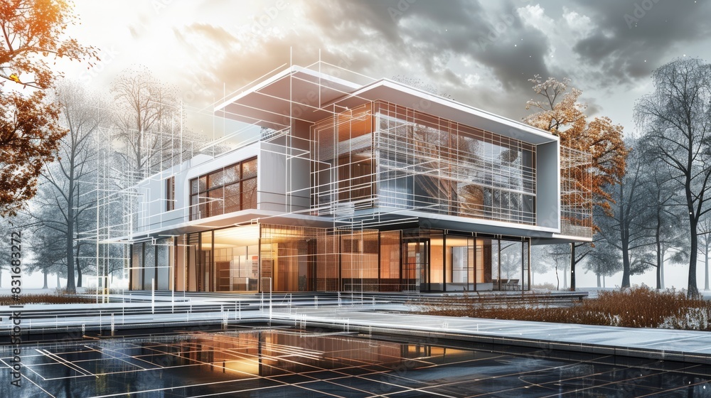 Obraz premium Modern architectural rendering of a contemporary house, showcasing a blend of digital wireframe and realistic elements in a serene environment.