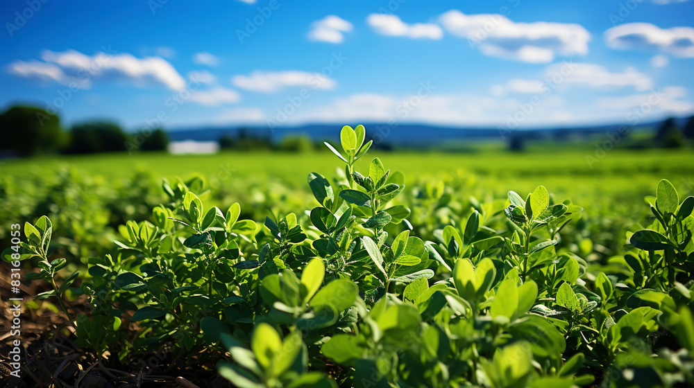 A vivid photo of soybean sprouts. Aesthetic agricultural landscape. Green ripening soybean field. Generative AI A vivid photo of soybean sprouts. Aesthetic agricultural landscape. Green ripening soybean field. Generative AI