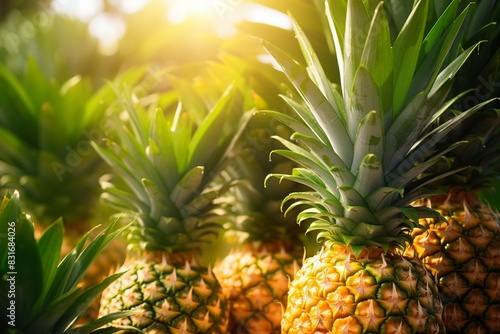 Sliced and half of Pineapple(Ananas comosus) on wooden table with blurred garden background.Sweet, and juicy taste Have a lot of fiber,vitamins C and minerals or healthcare concept , generative ai