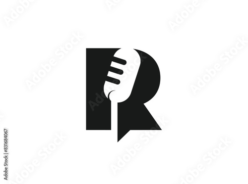 Letter R and Podcast or Radio Logo design using Microphone and Bubble chat or talk icon