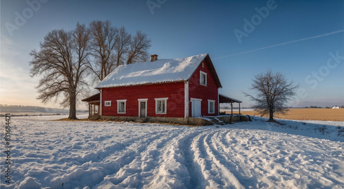 Rustic farmhouse in the snow background, winter