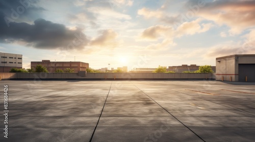 Empty rooftop parking lot with cityscape and sunset sky.
