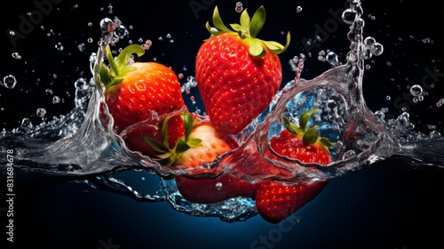 Fresh strawberries splashing into water, creating a vibrant and refreshing image.