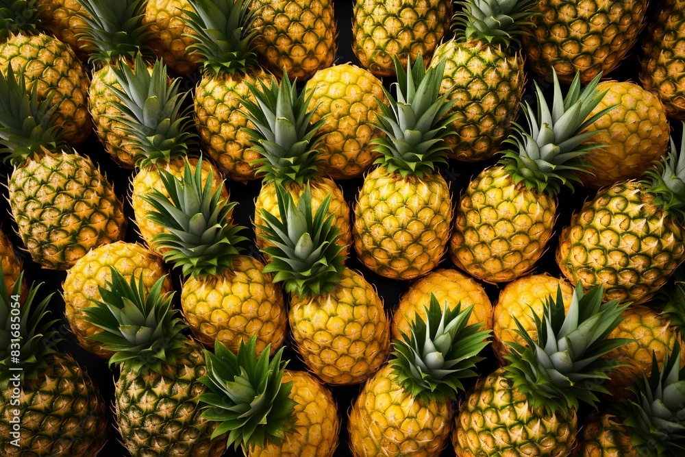 Sliced and half of Pineapple(Ananas comosus) on wooden table with blurred garden background.Sweet, and juicy taste Have a lot of fiber,vitamins C and minerals or healthcare concept , generative ai Sliced and half of Pineapple(Ananas comosus) on wooden table with blurred garden background.Sweet, and juicy taste Have a lot of fiber,vitamins C and minerals or healthcare concept , generative ai
