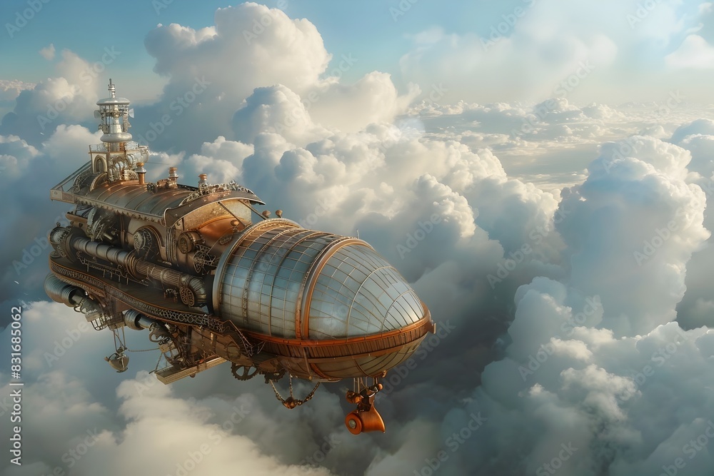 Steampunk Inspired Airship Drifting Through Ethereal Cloudscape Steampunk Inspired Airship Drifting Through Ethereal Cloudscape