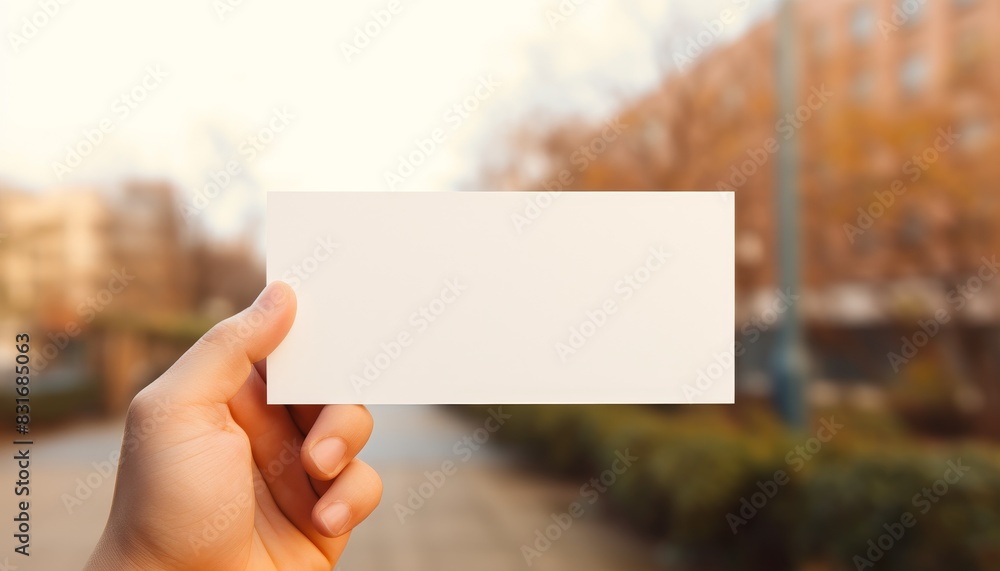 Hand holding blank white card in front of blurred fall foliage background. Hand holding blank white card in front of blurred fall foliage background.