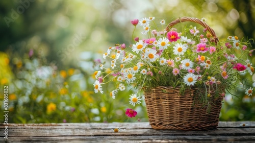 Basket Full Of Colorful Daisies On A Wooden Table With A Blurred Background Of A Meadow.