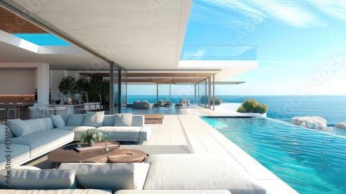 Interior design of a living room in a modern house with an open terrace and swimming pool