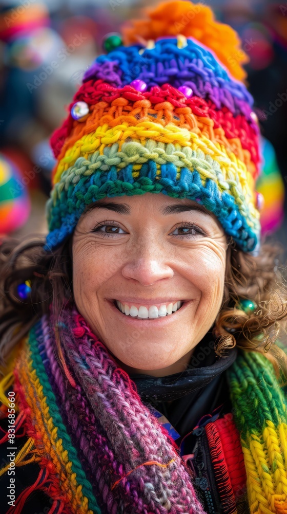 A smiling woman wearing a rainbow beanie and scarf. A smiling woman wearing a rainbow beanie and scarf.