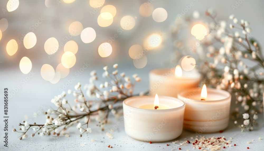Peaceful candlelight scene with tea lights and baby's breath flowers. Soft bokeh background creates a calming and serene ambiance. Peaceful candlelight scene with tea lights and baby's breath flowers. Soft bokeh background creates a calming and serene ambiance.