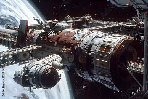 Futuristic Interstellar Spacecraft Docked at Advanced Space Station in Cosmic Backdrop