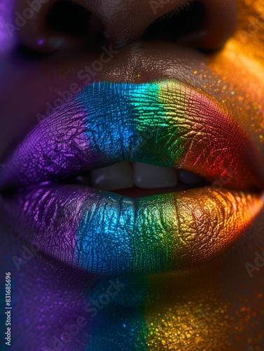 Close-up of woman lips with bright rainbow colors. photo