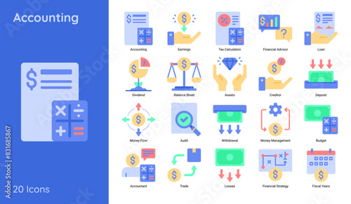 Set of Accounting Flat Icons Contain Such Tax Calculation, Balance Sheet, Dividend and More.Template Set