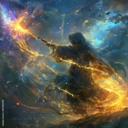 A magical sorcerer casting a spell  with energy swirling around their staff.