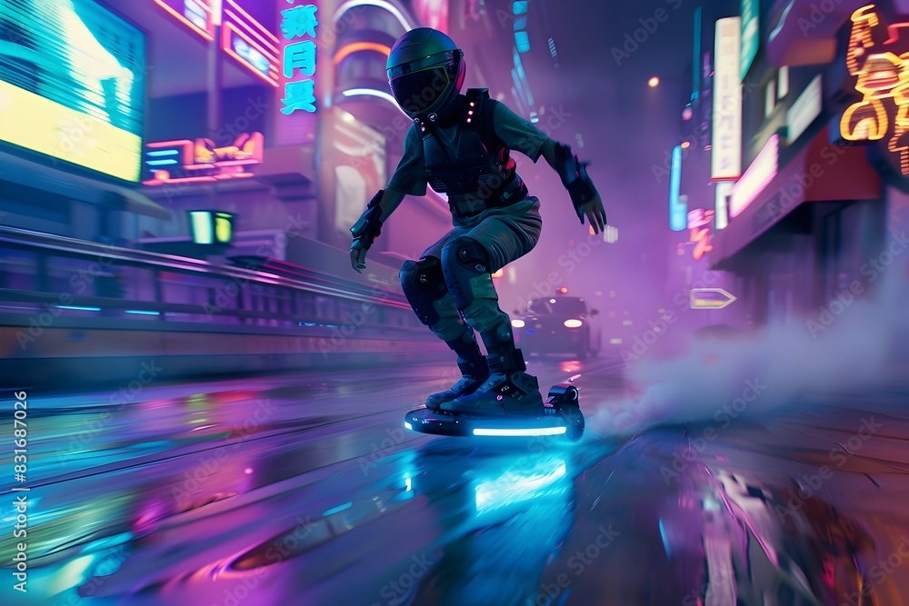 Futuristic Hoverboarder Navigating Neon Lit City at Night Futuristic Hoverboarder Navigating Neon Lit City at Night