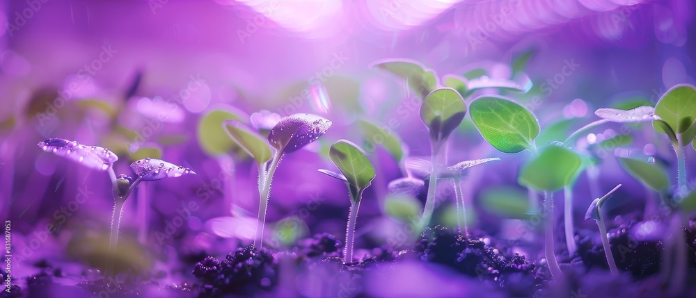 Vibrant green seedlings growing under purple LED lights in a controlled ...