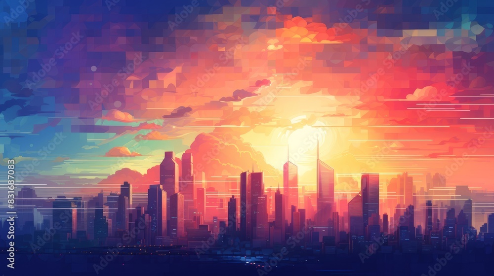 Vibrant sunset over a cityscape, with fiery colors painting the sky.