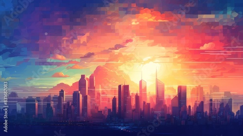 Vibrant sunset over a cityscape  with fiery colors painting the sky.